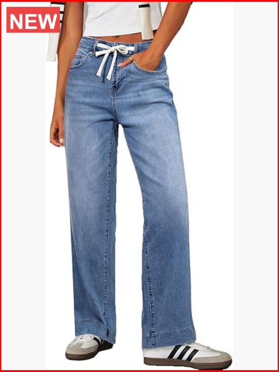 Denim - High Waisted Wide Leg Jeans Stretchy Straight Leg Drawstring Denim Pants